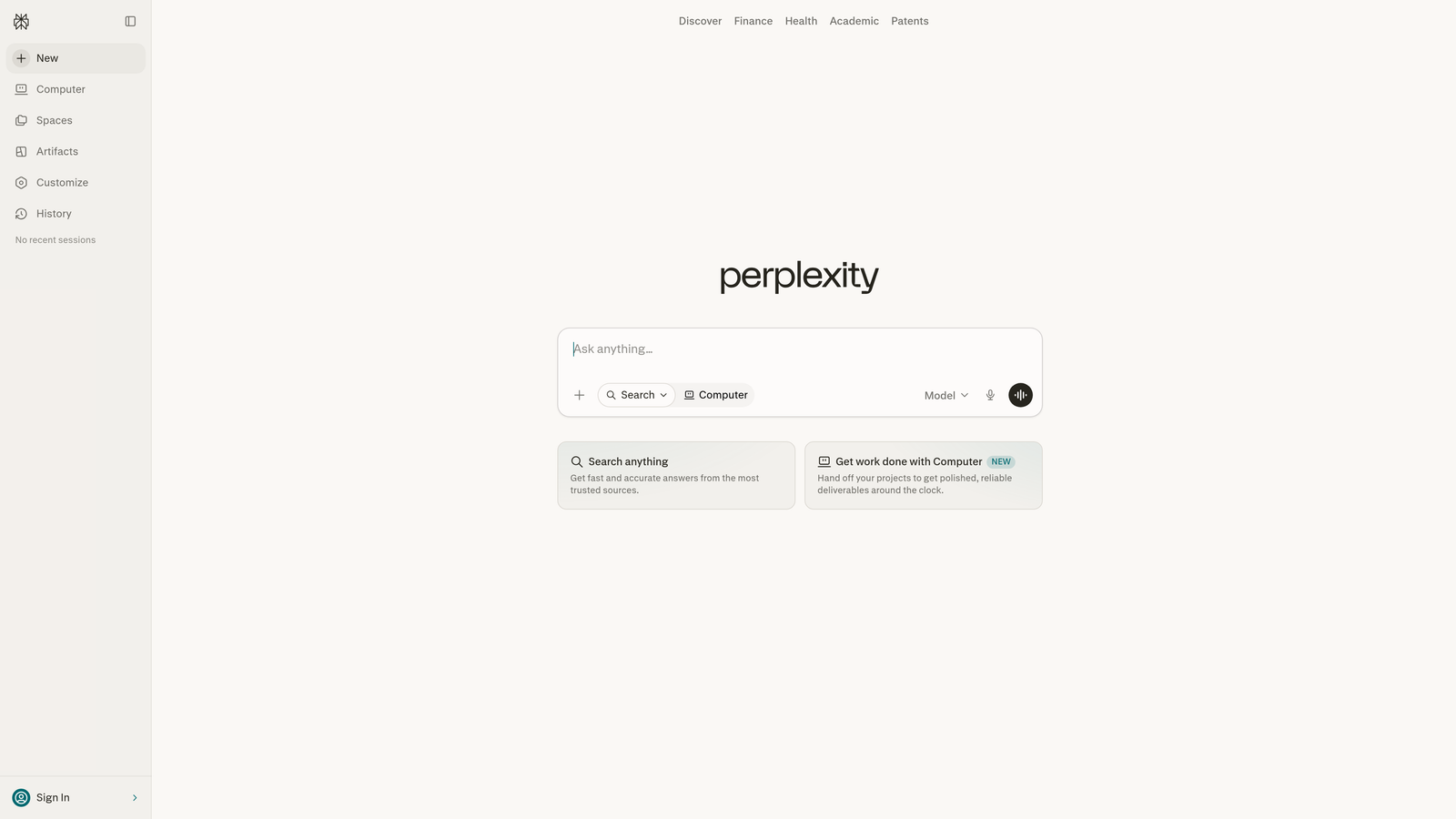 Screenshot of Perplexity website
