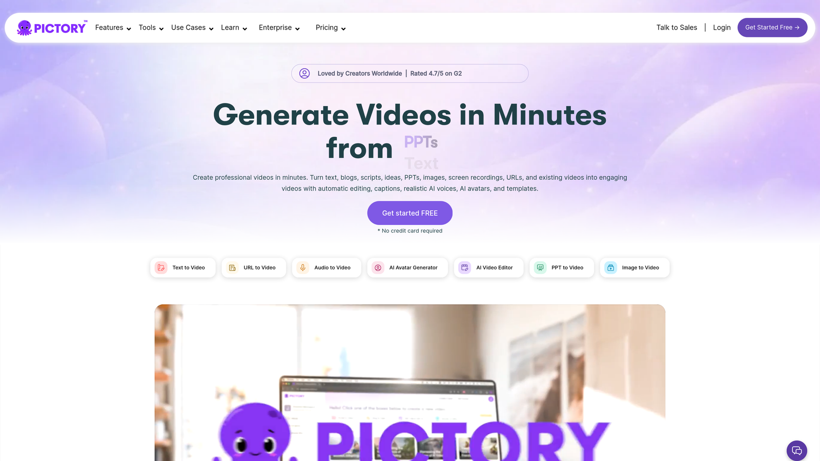 Screenshot of Pictory website