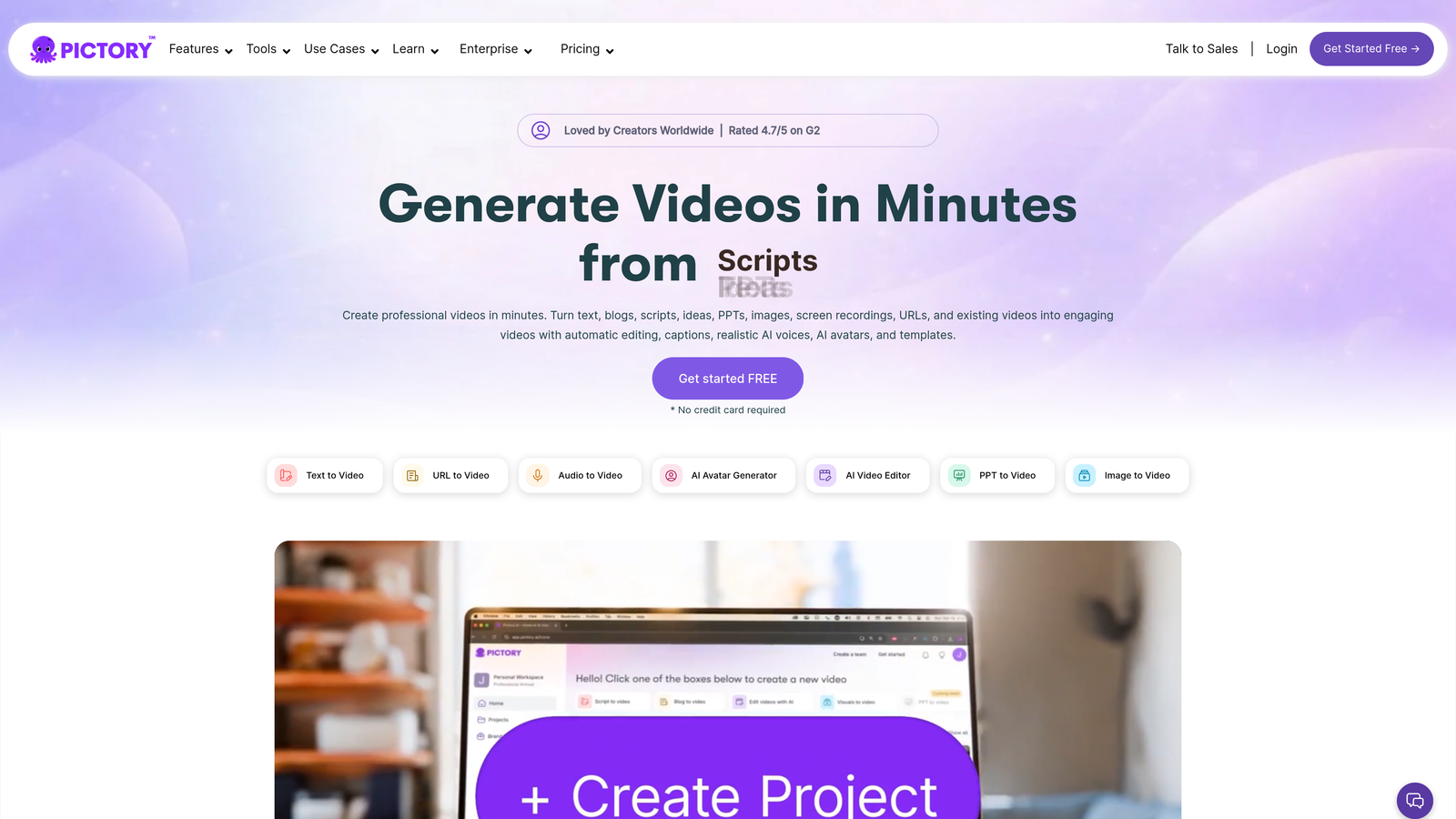 Screenshot of Pictory website