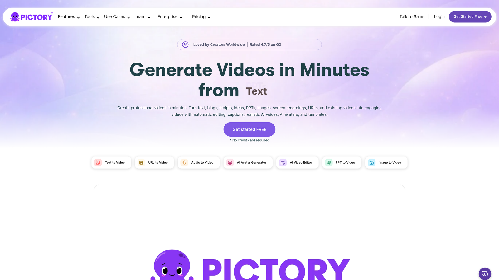 Screenshot of Pictory website