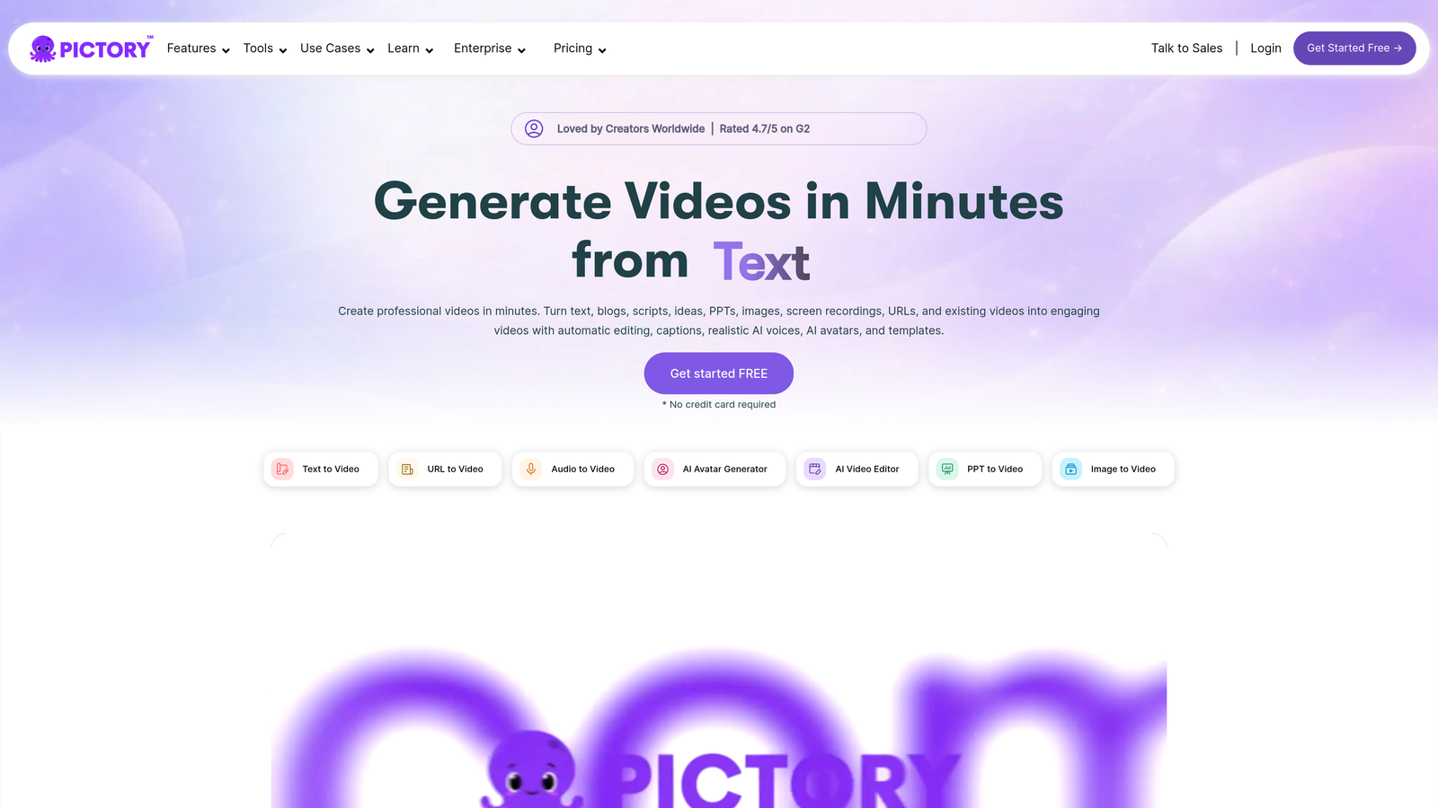 Screenshot of Pictory website