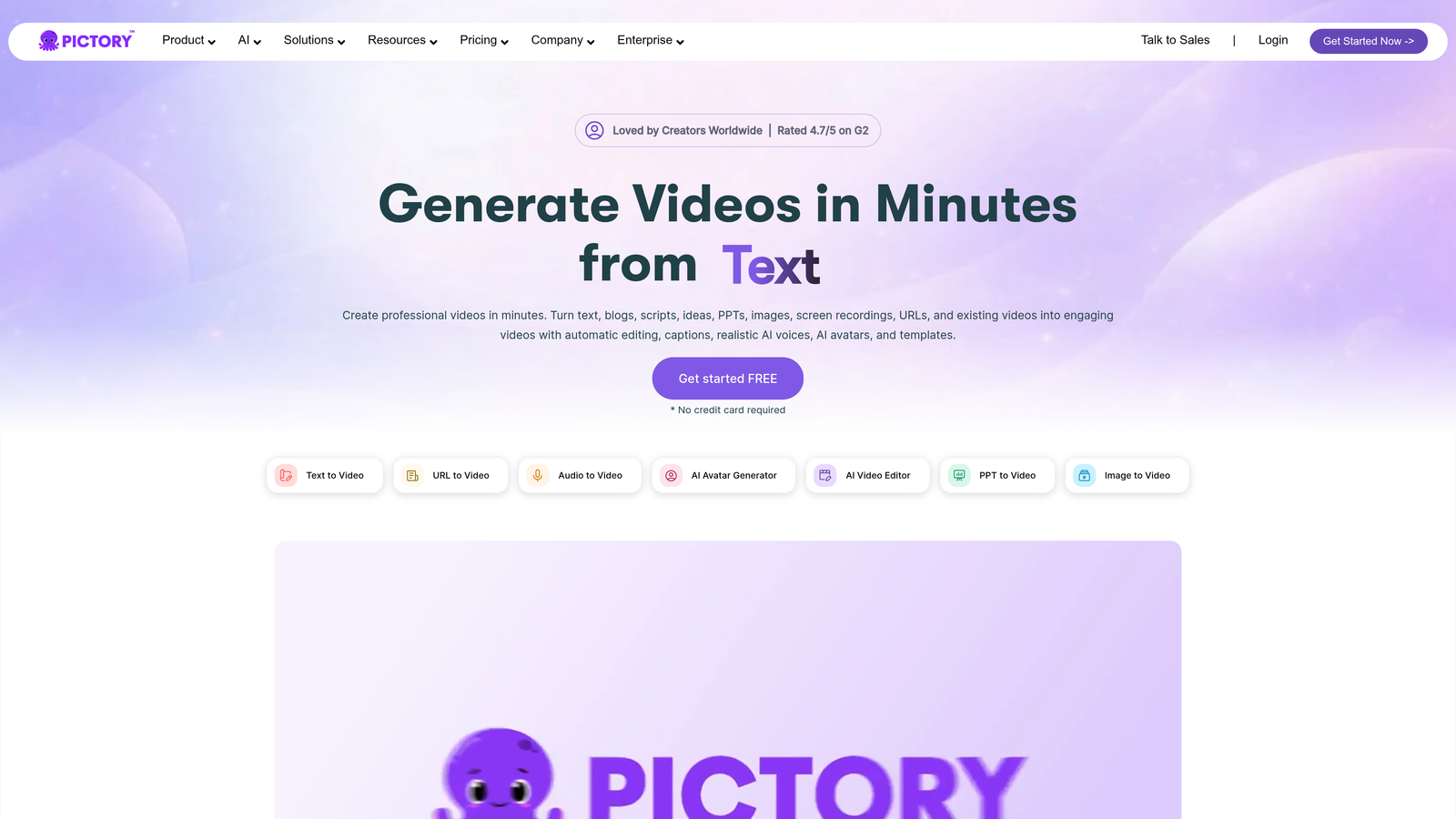 Screenshot of Pictory website