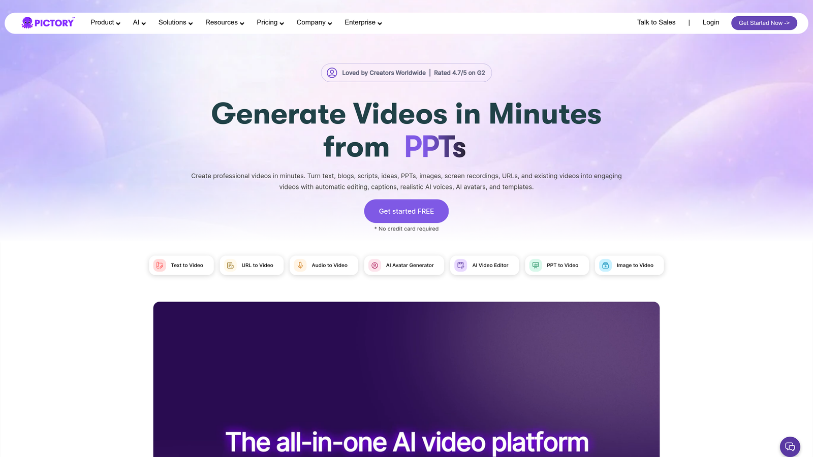 Screenshot of Pictory website