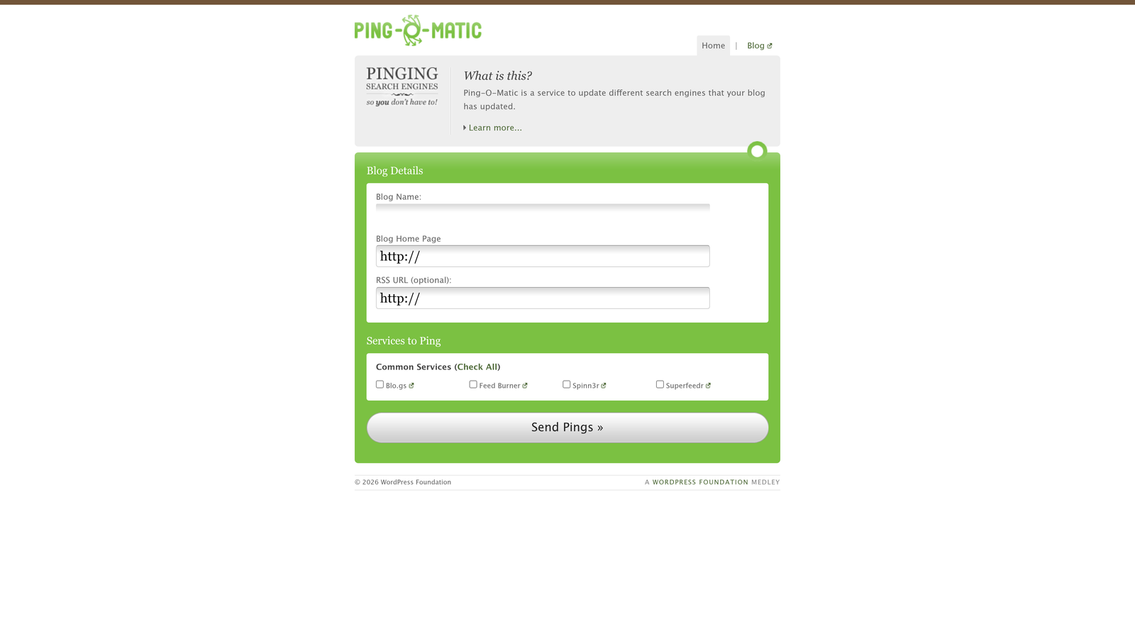 Screenshot of Ping-O-Matic website