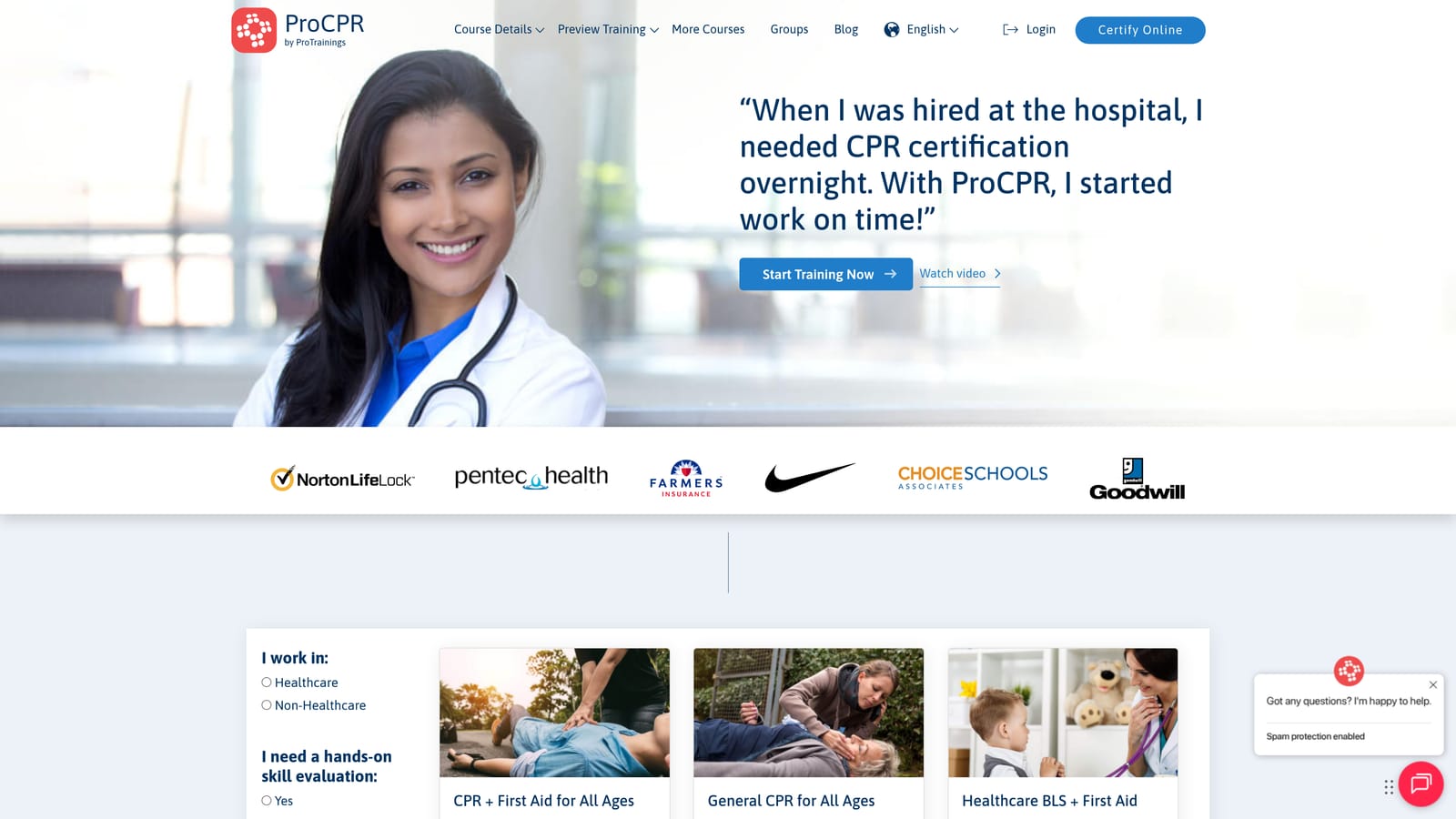 Screenshot of ProCPR website
