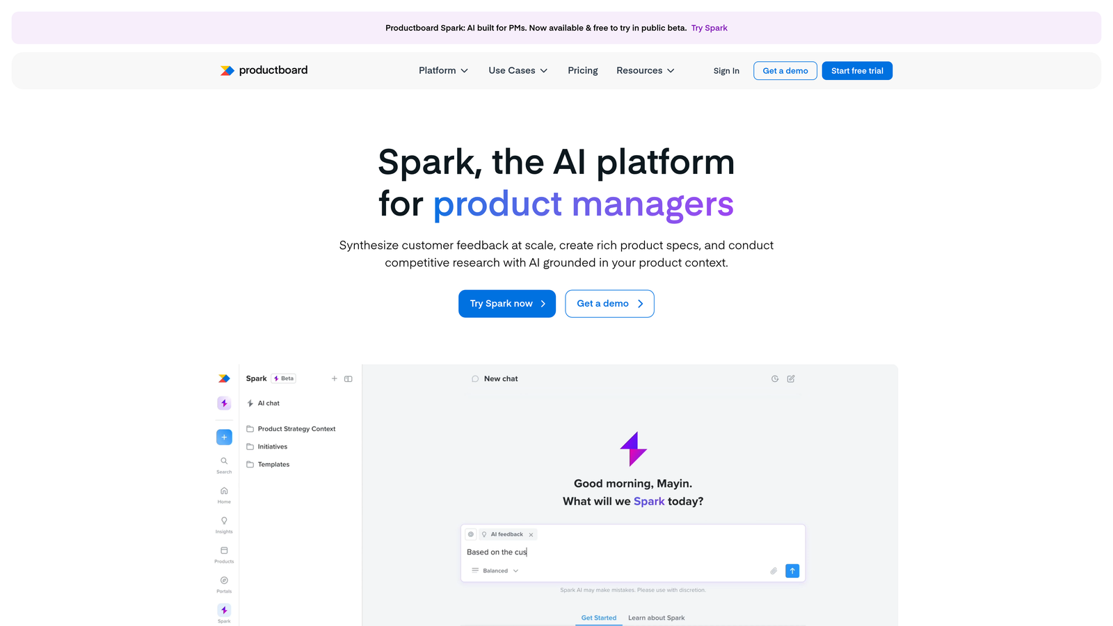 Screenshot of Productboard website