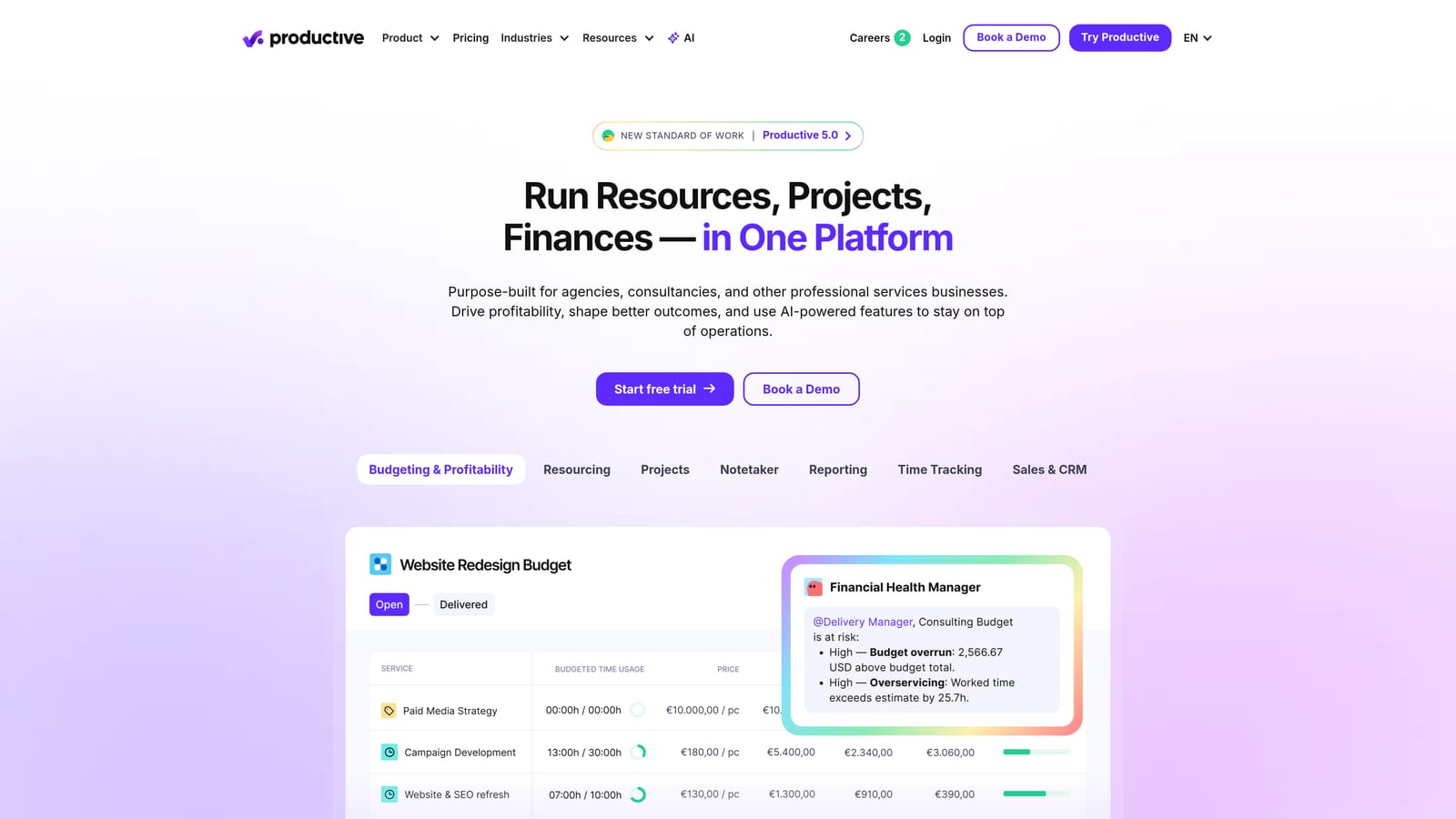 Screenshot of Productive.io website