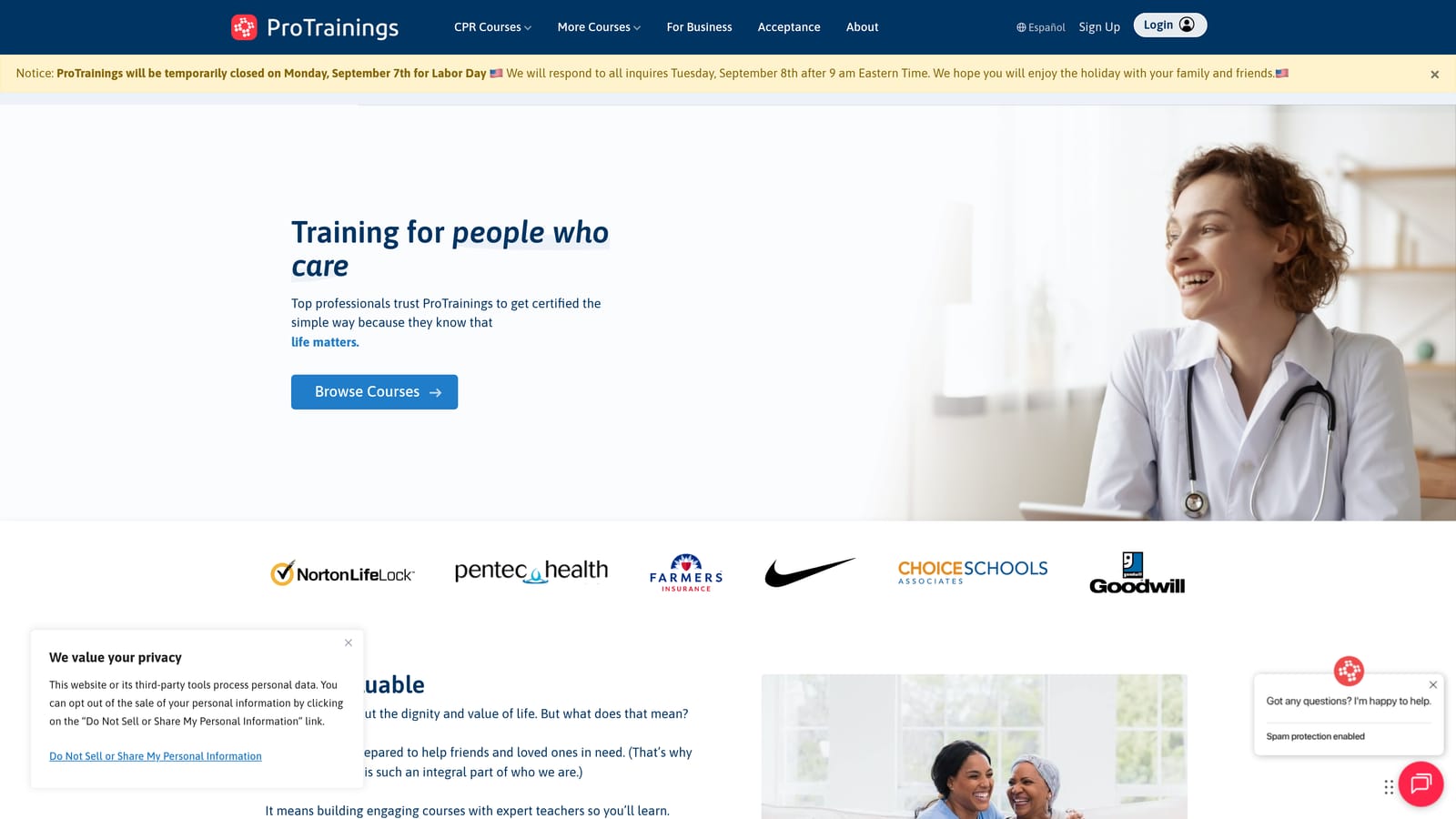 Screenshot of ProTrainings website