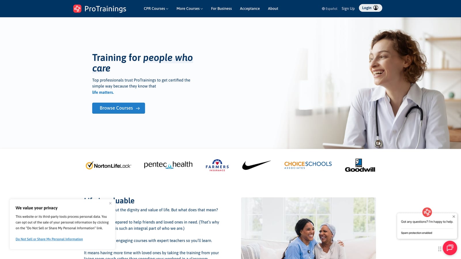 Screenshot of ProTrainings website
