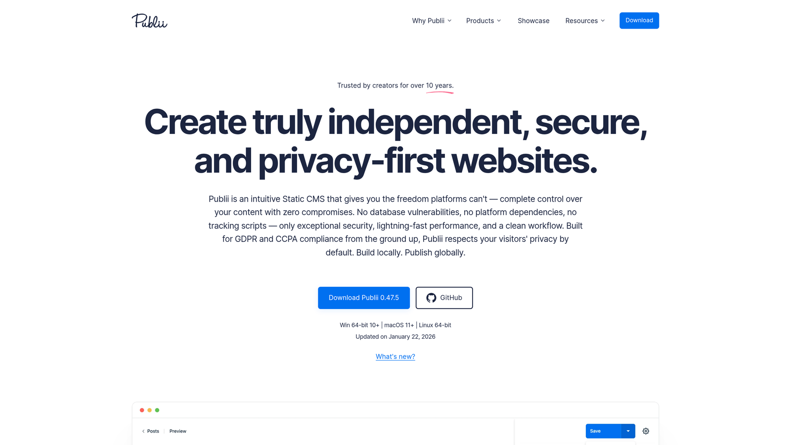 Screenshot of Publii website