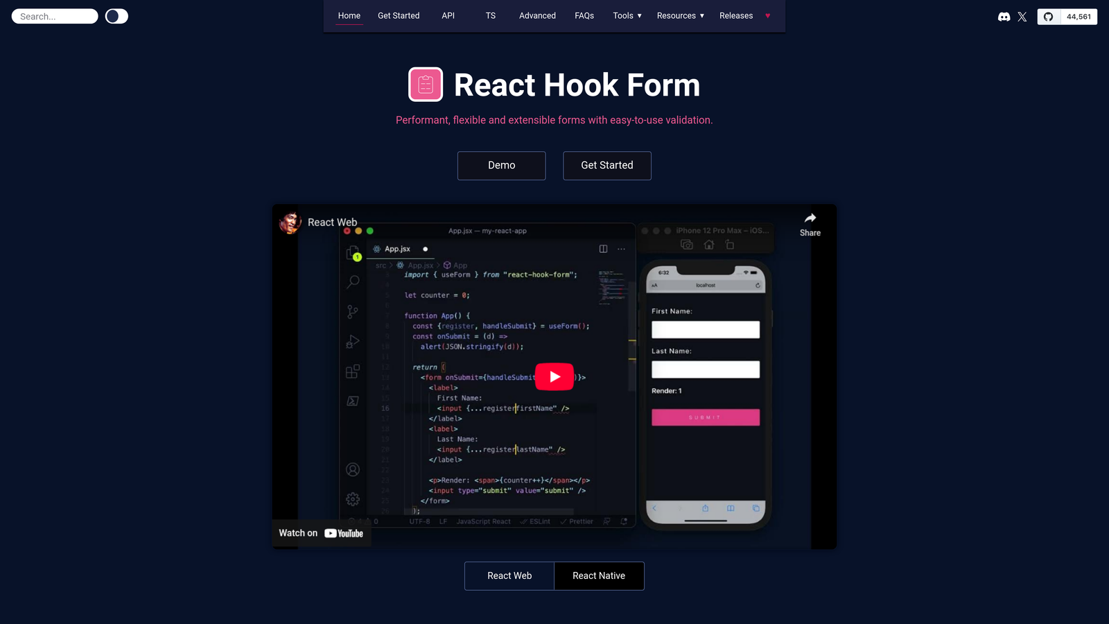 Screenshot of React Hook Form website