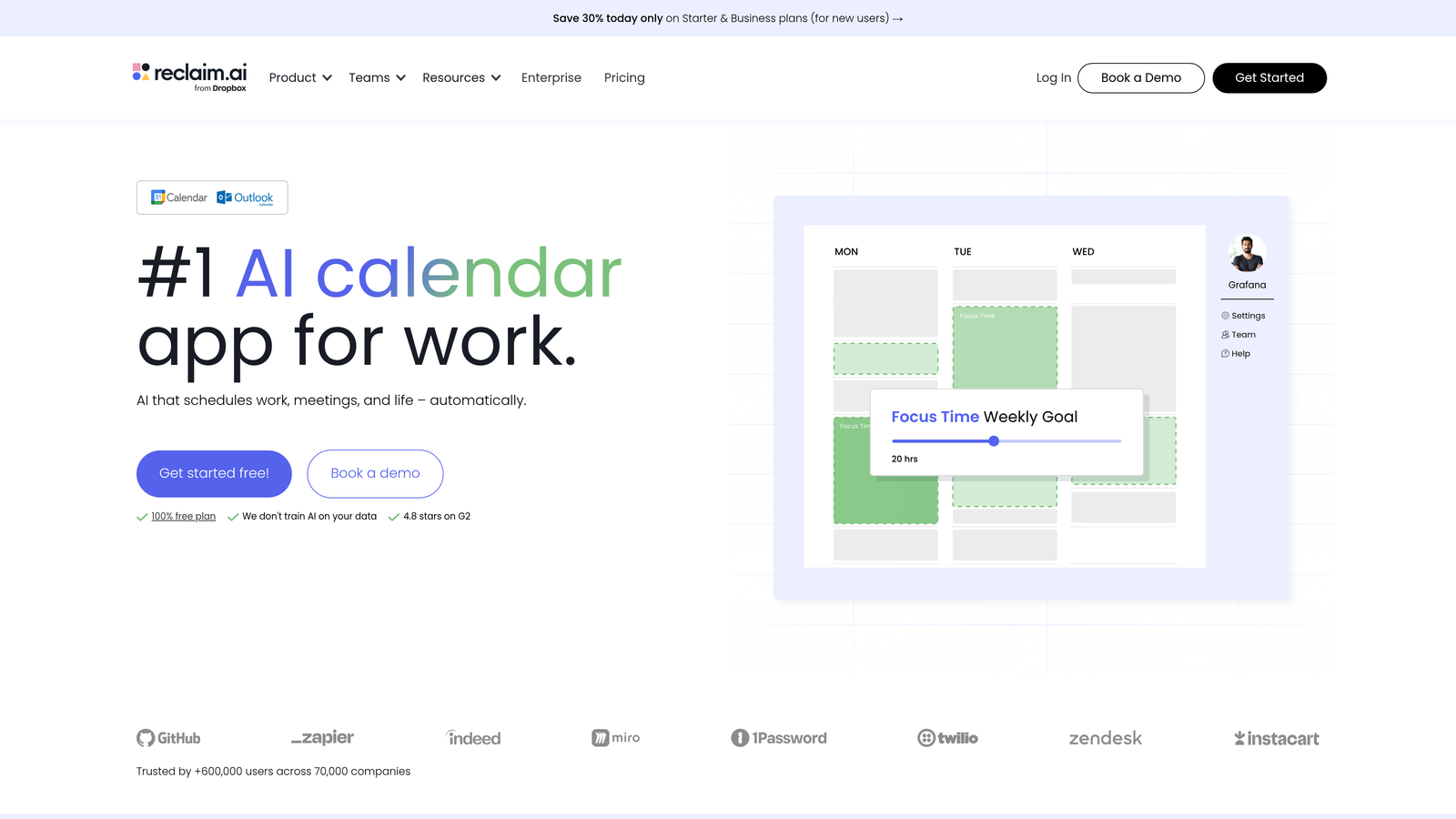 Screenshot of Reclaim.ai website