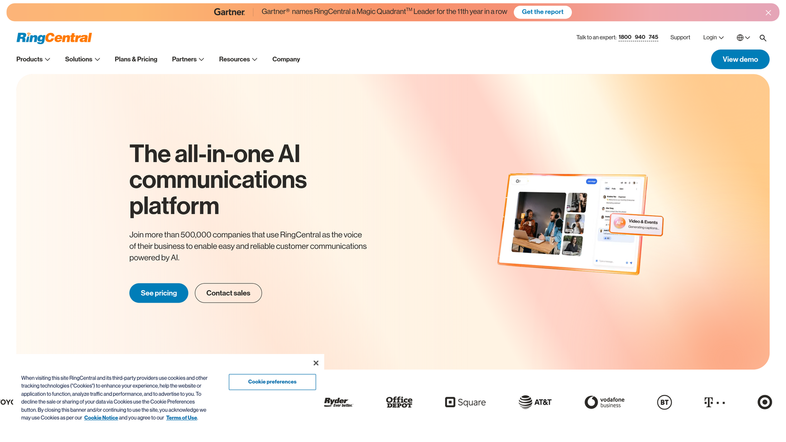 Screenshot of RingCentral website