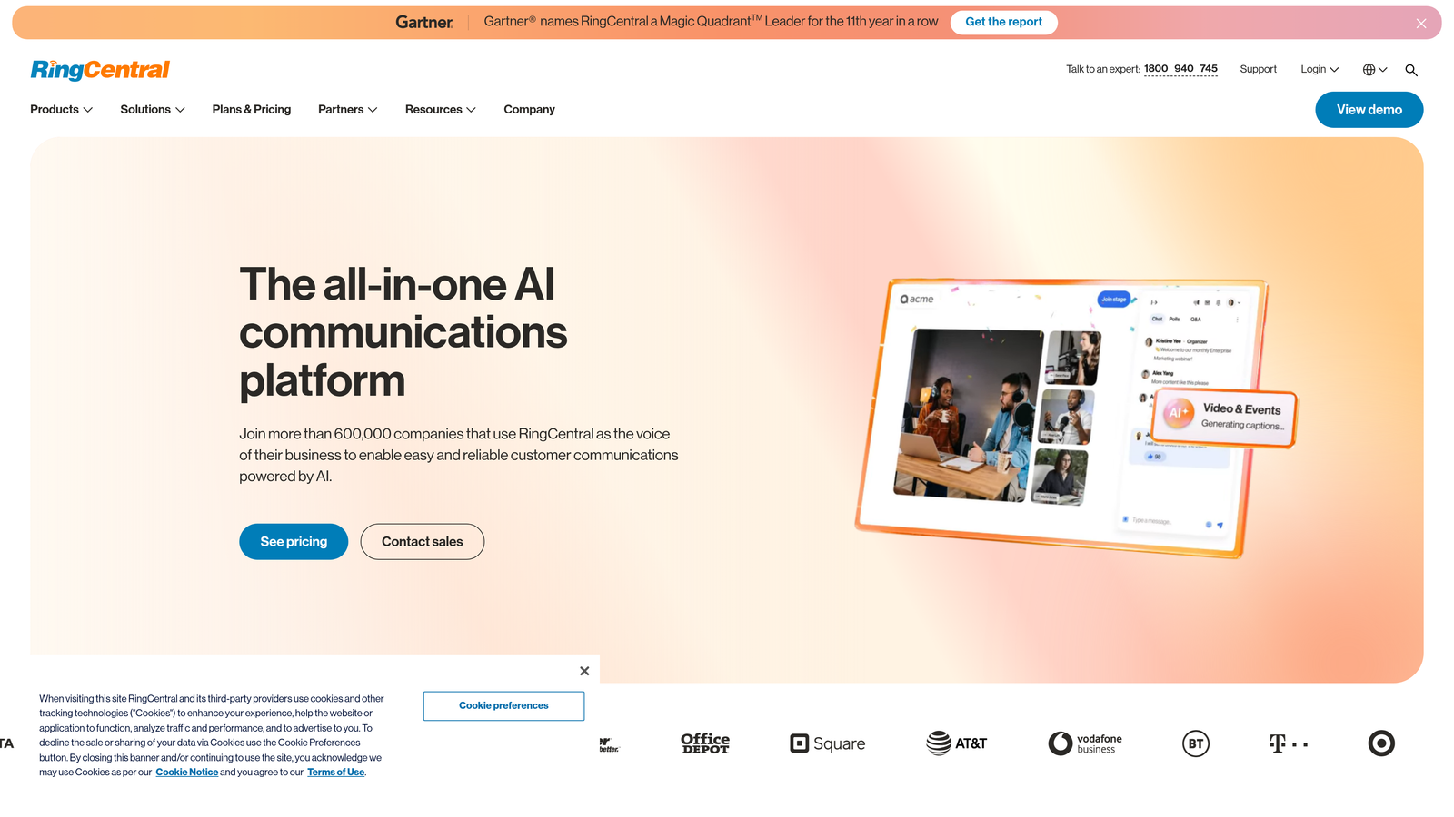 Screenshot of RingCentral website