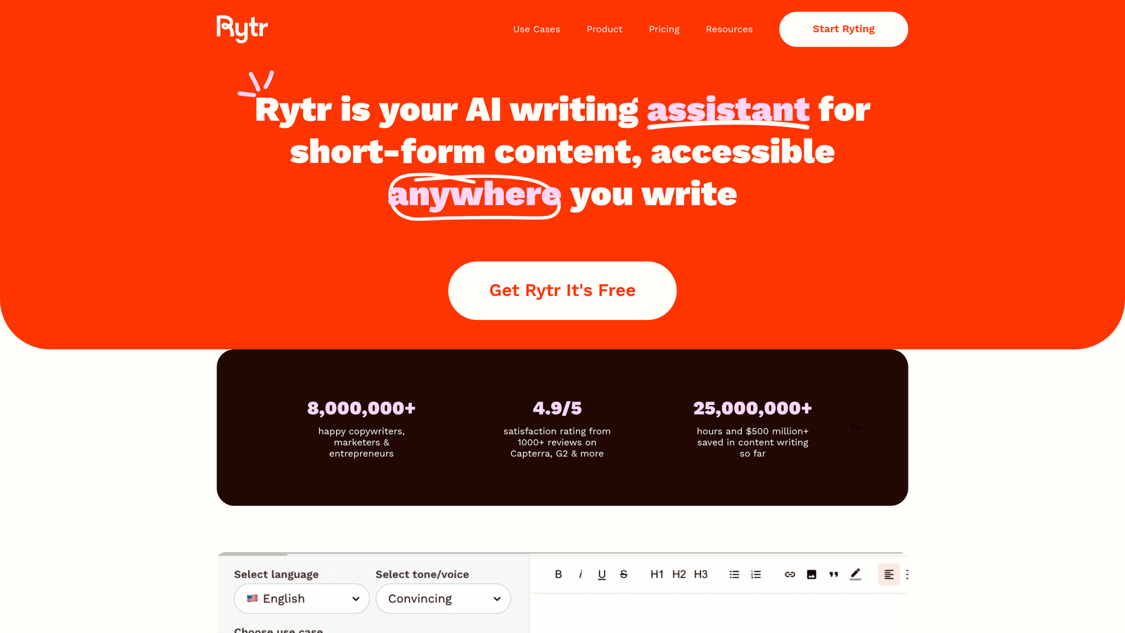 Screenshot of Rytr website homepage