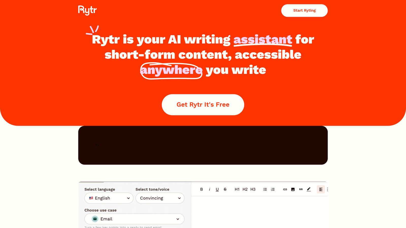 Screenshot of Rytr website