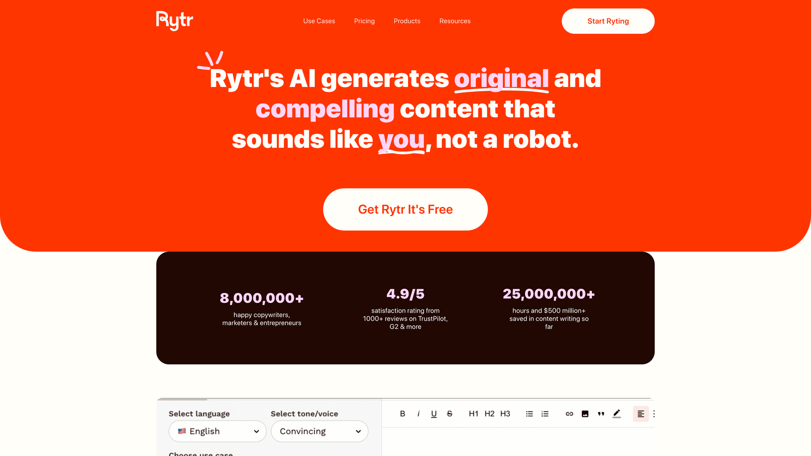 Screenshot of Rytr website