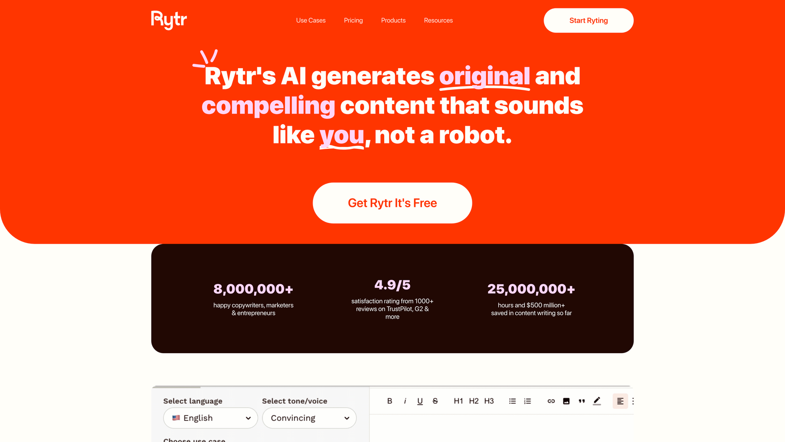 Screenshot of Rytr website