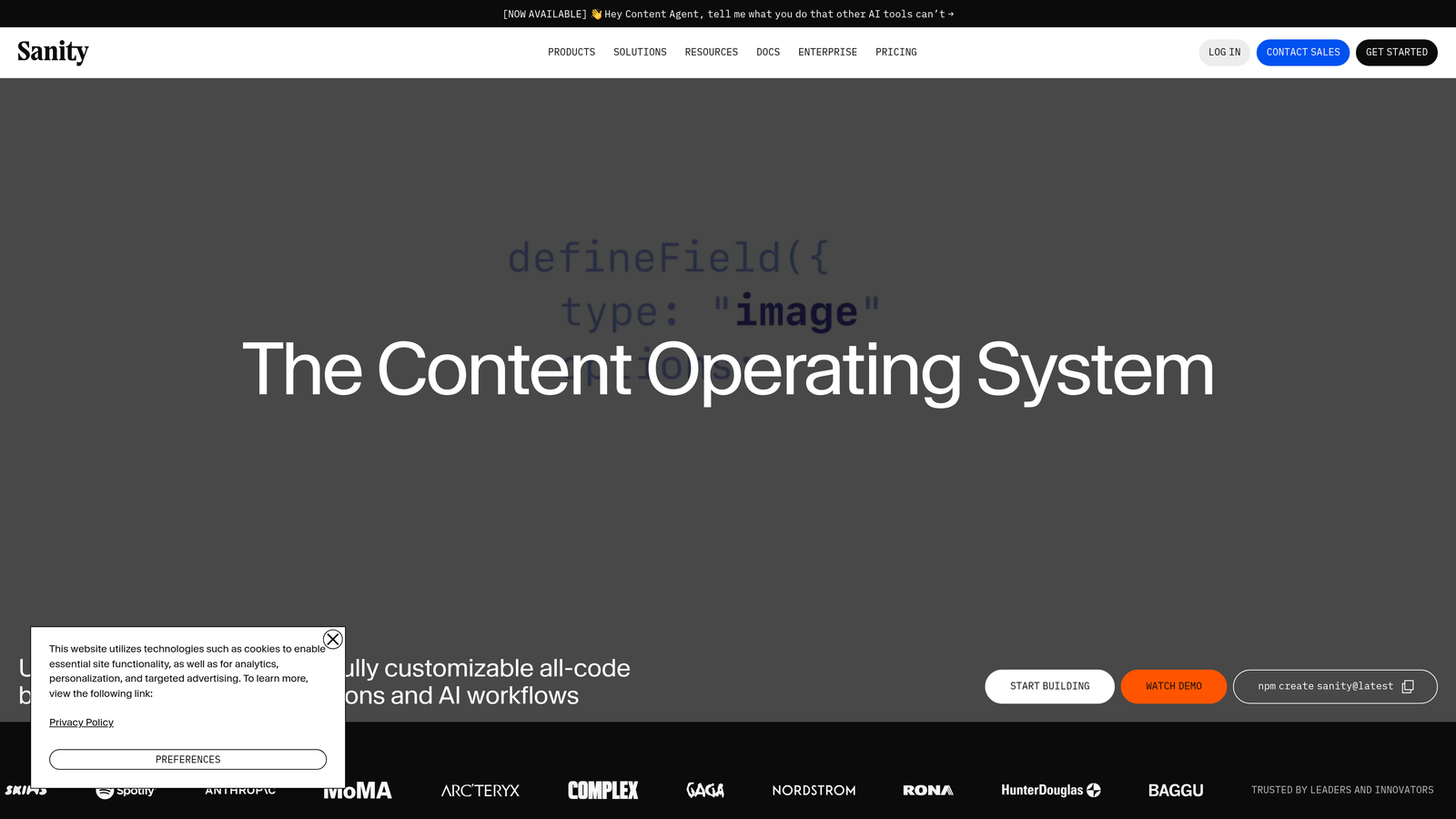 Screenshot of Sanity website