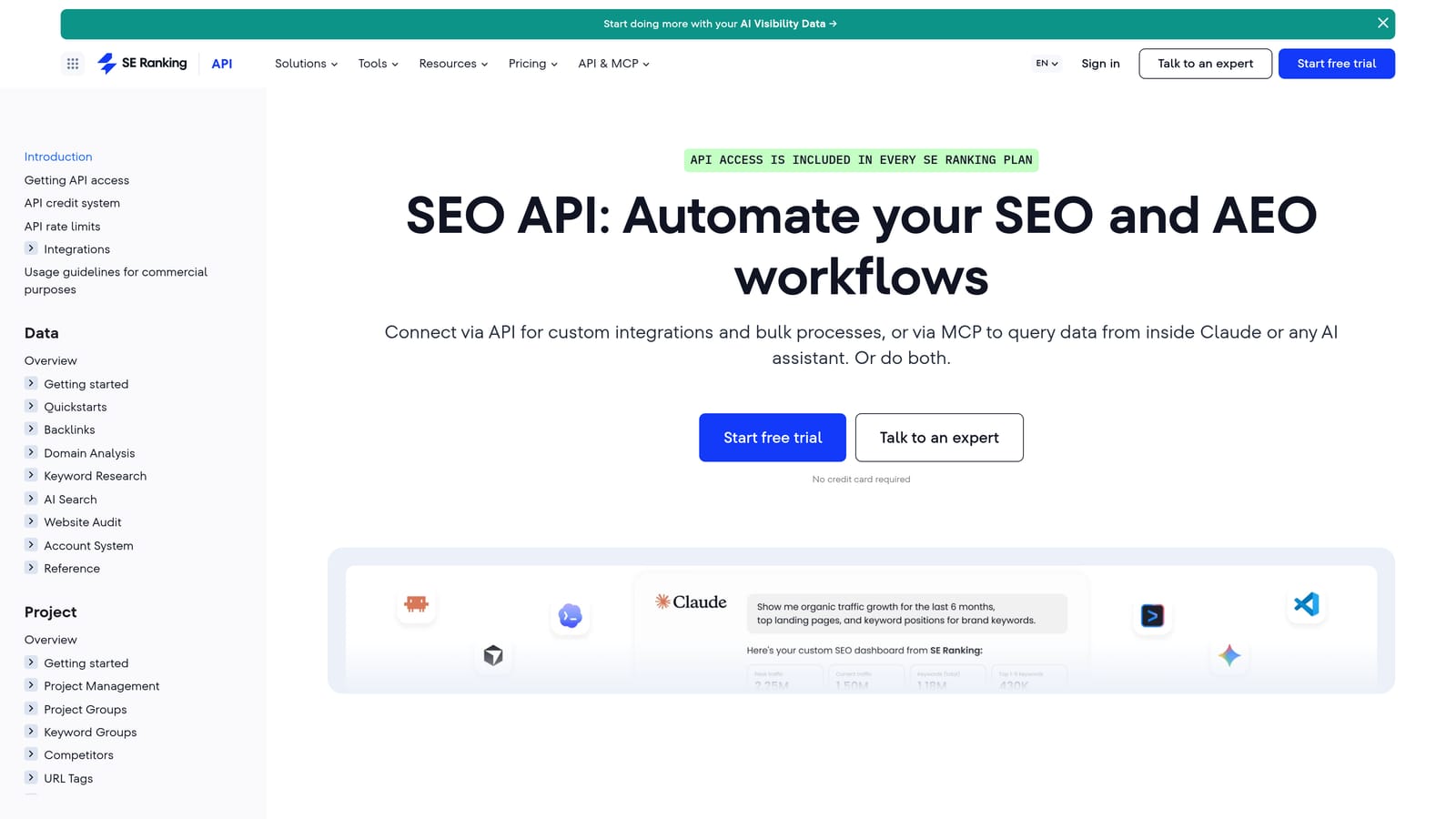 Screenshot of SE Ranking API website