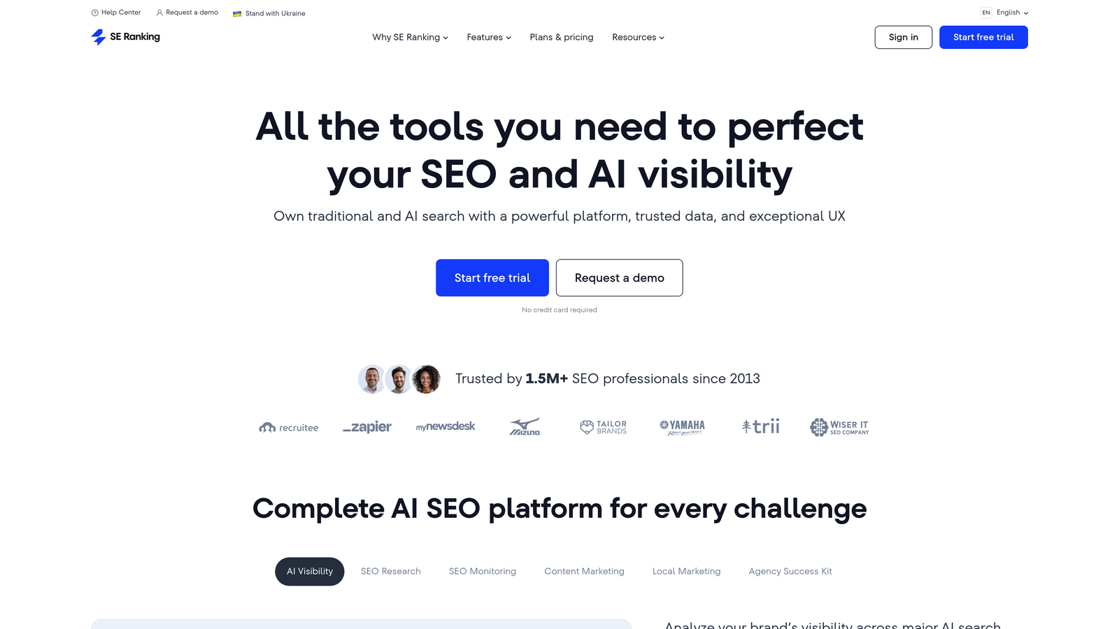 Screenshot of SE Ranking website homepage
