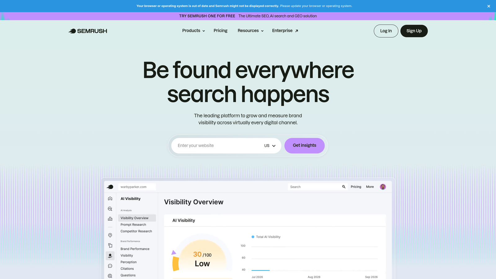 Screenshot of Semrush AI Visibility Features website