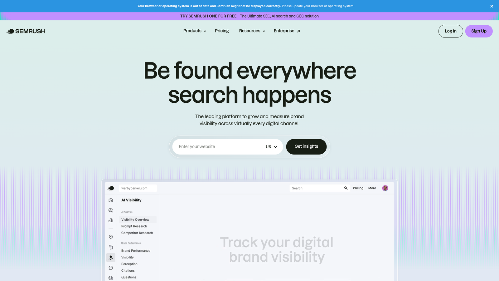 Screenshot of Semrush AI Visibility Suite website