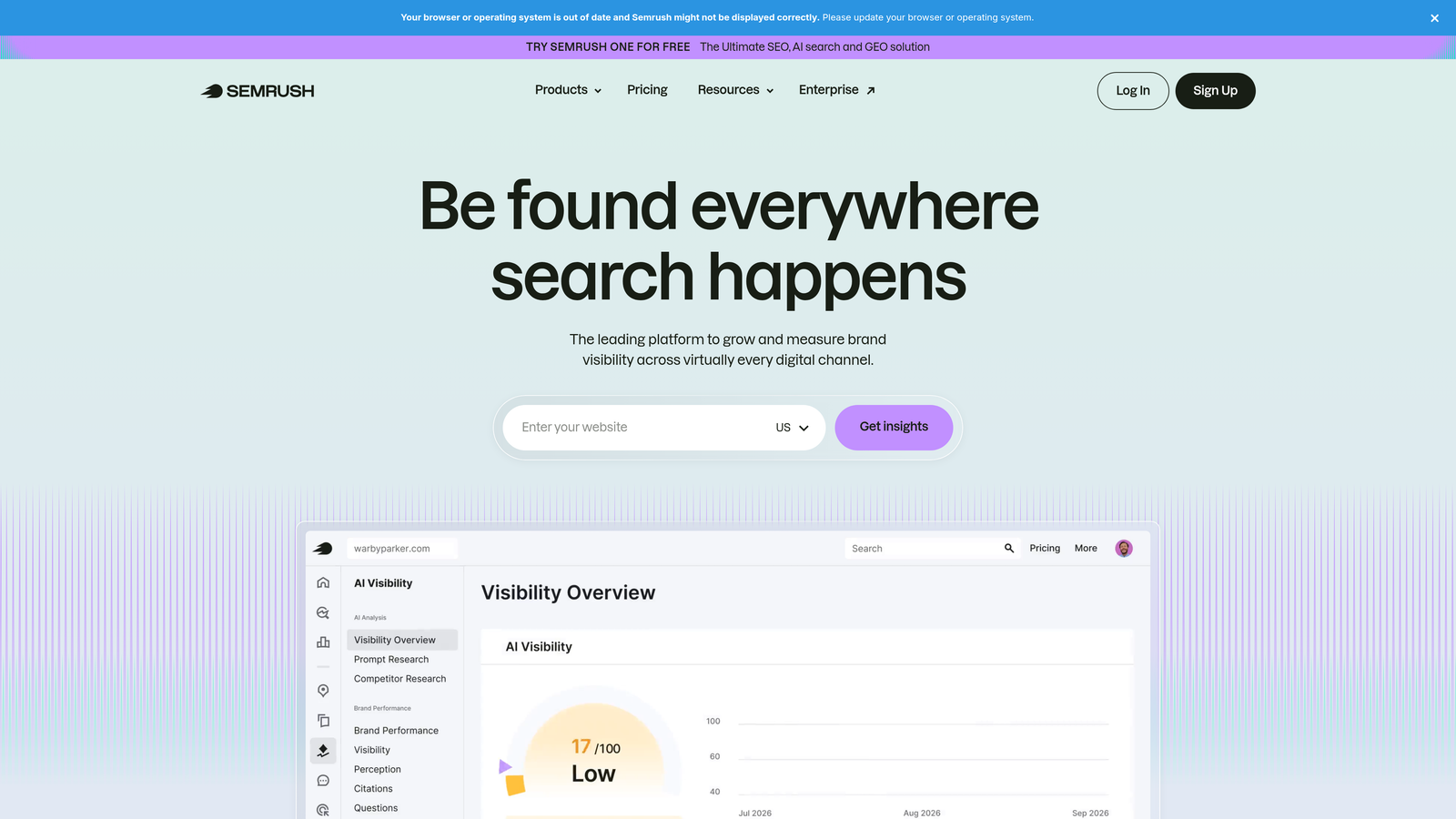 Screenshot of Semrush AI Visibility Toolkit website