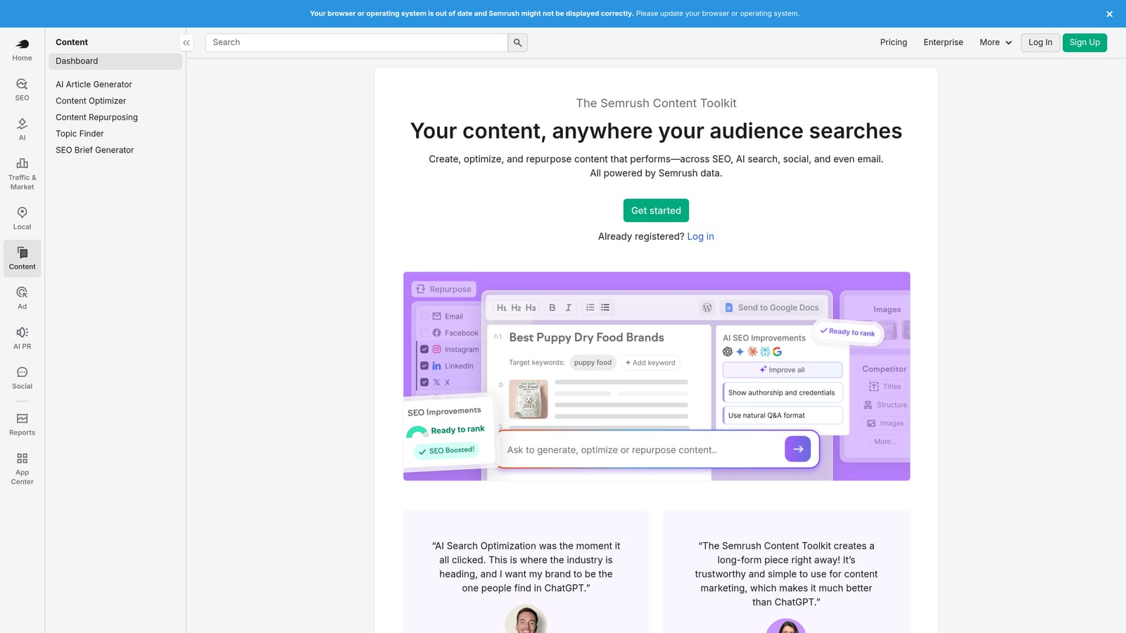 Screenshot of Semrush Content Marketing Platform website