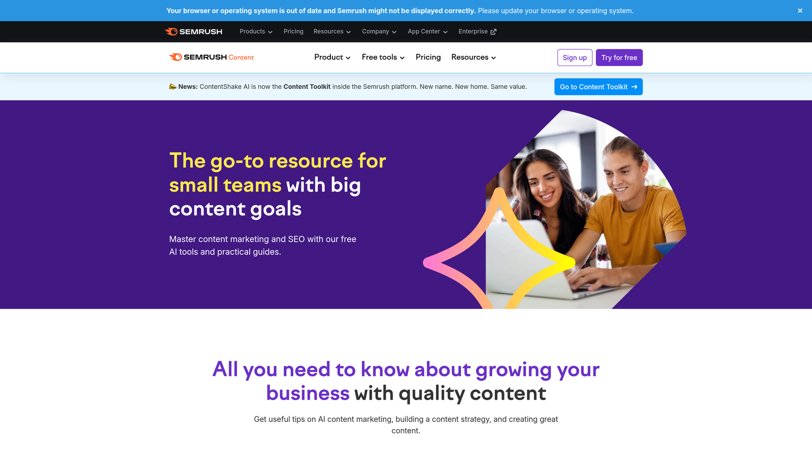 Screenshot of Semrush ContentShake AI website