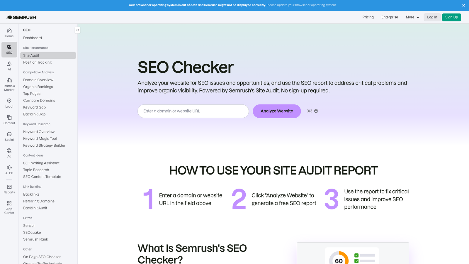 Screenshot of Semrush Site Audit website