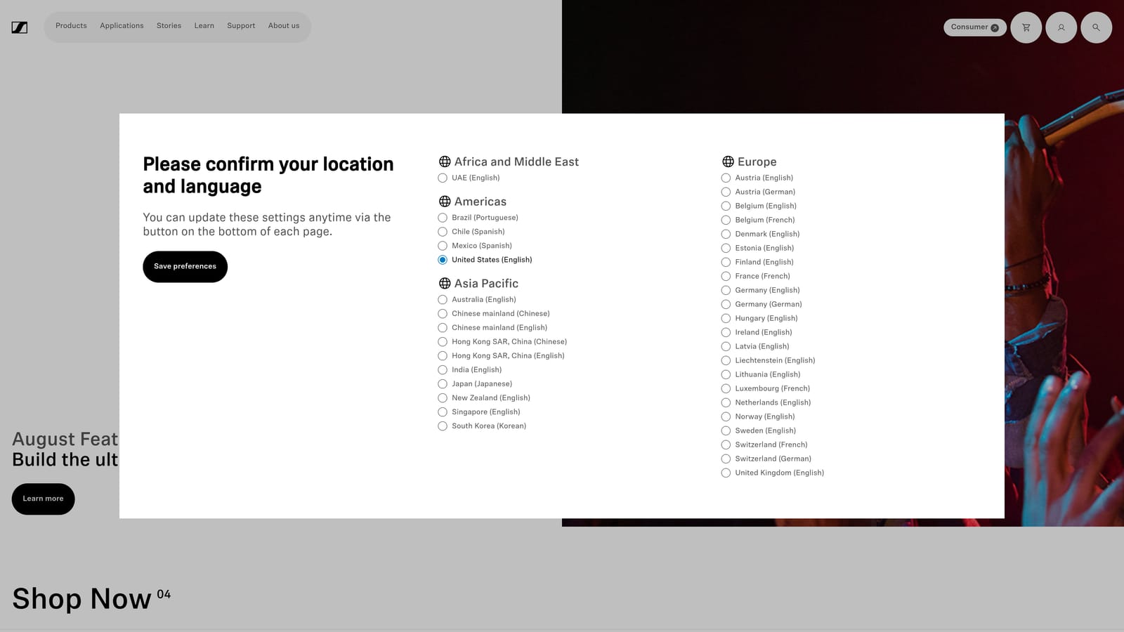 Screenshot of Sennheiser Professional Audio website