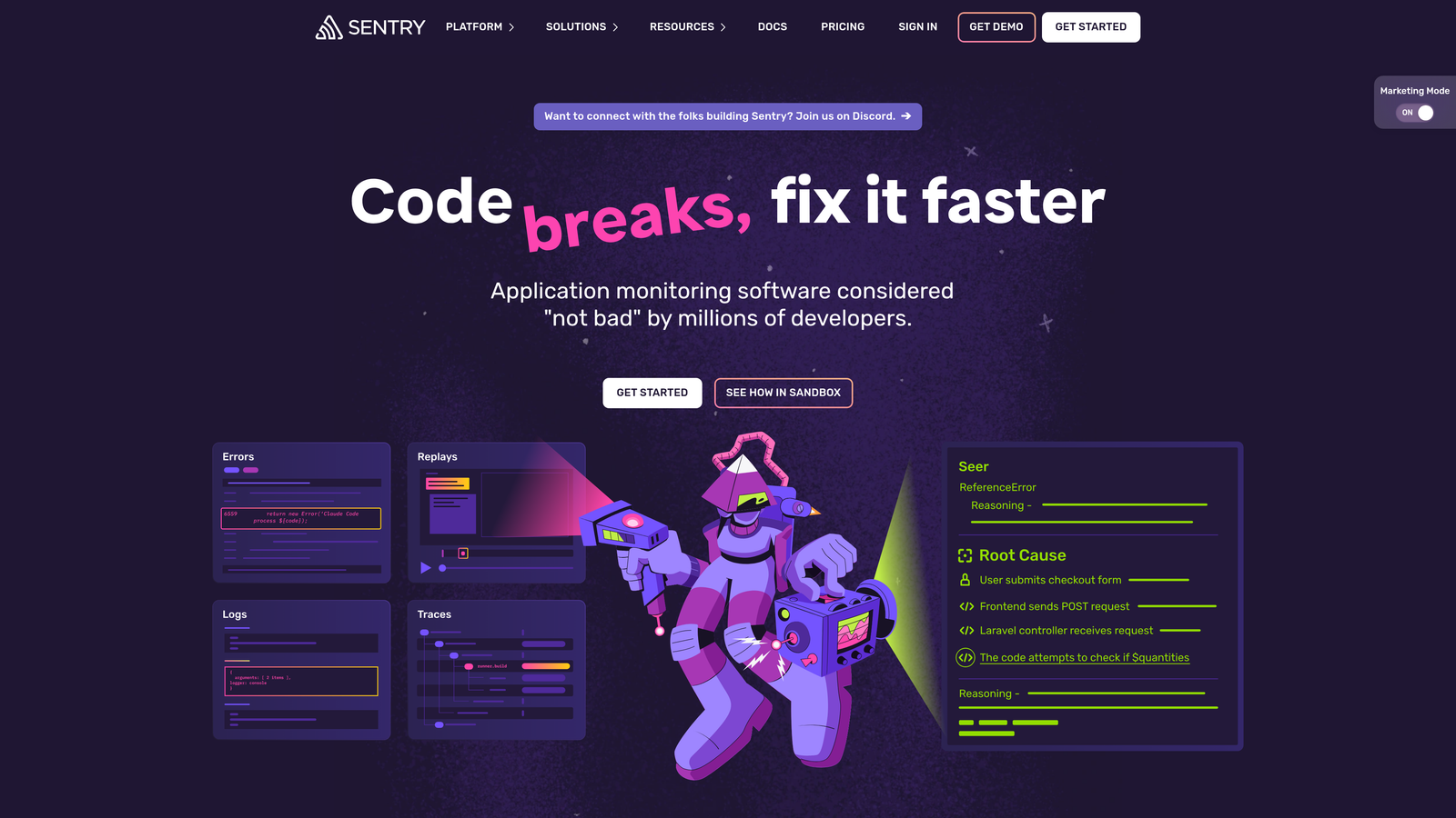 Screenshot of Sentry website