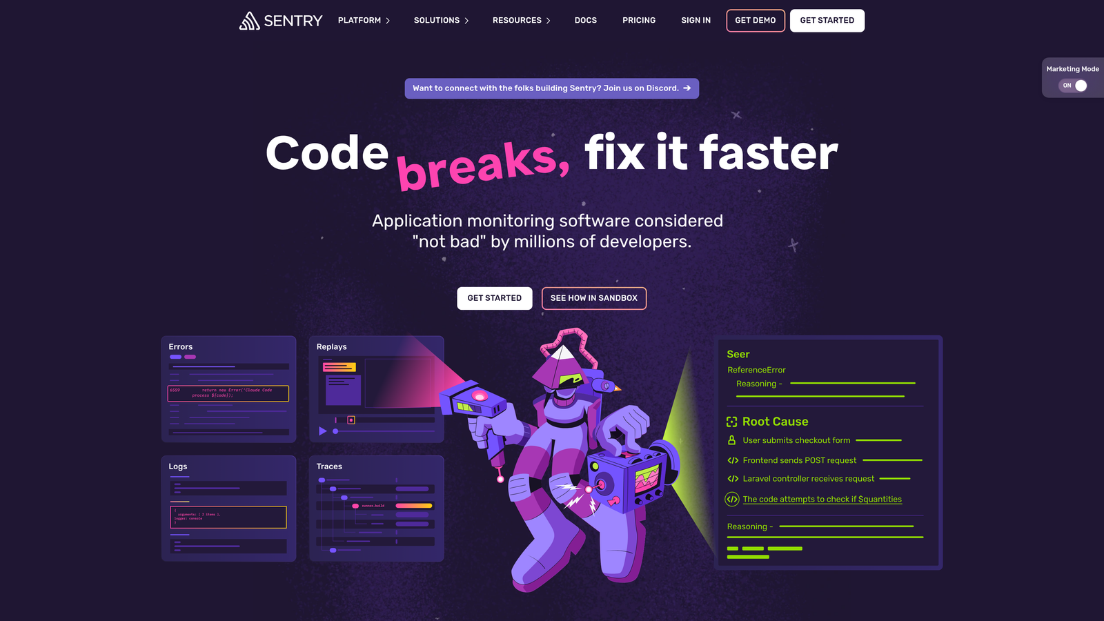 Screenshot of Sentry website