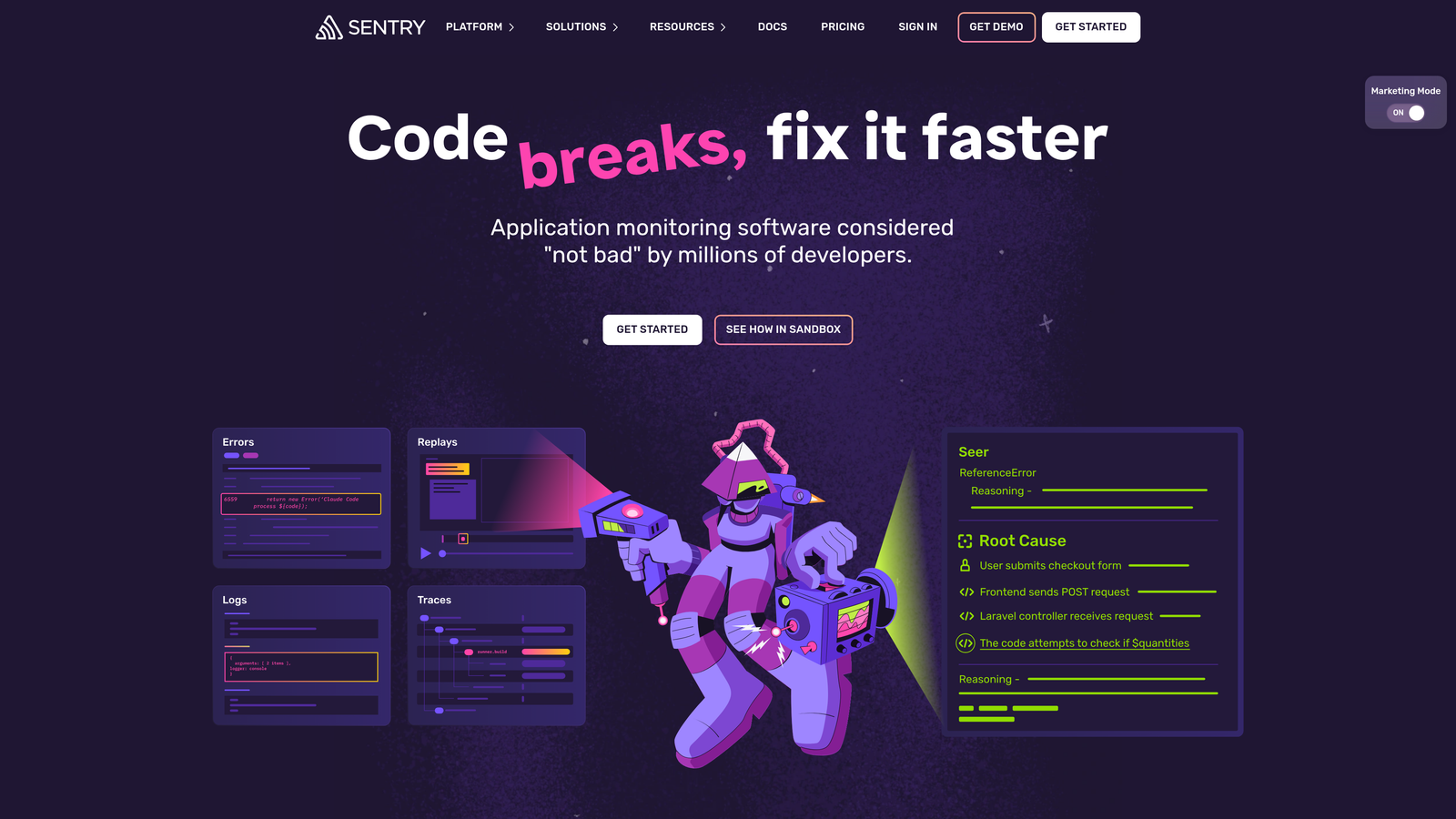Screenshot of Sentry website