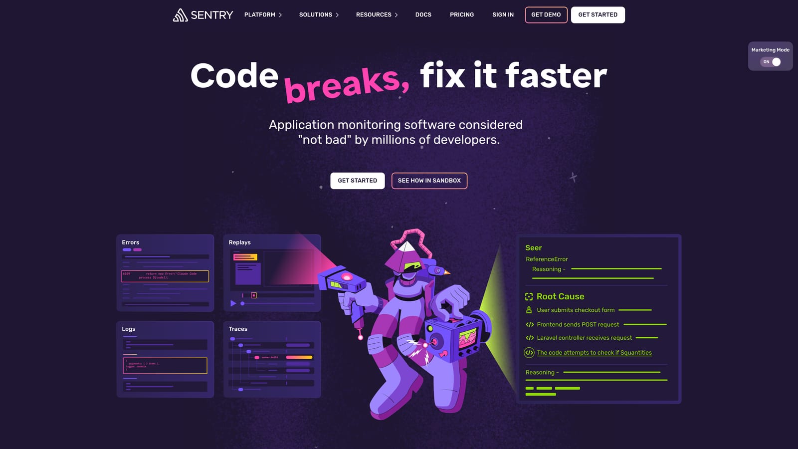 Screenshot of Sentry website