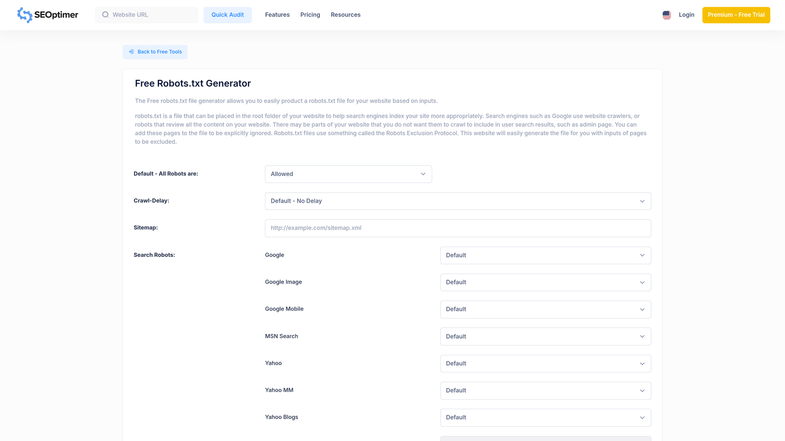 Screenshot of SEOptimer Robots.txt Generator website