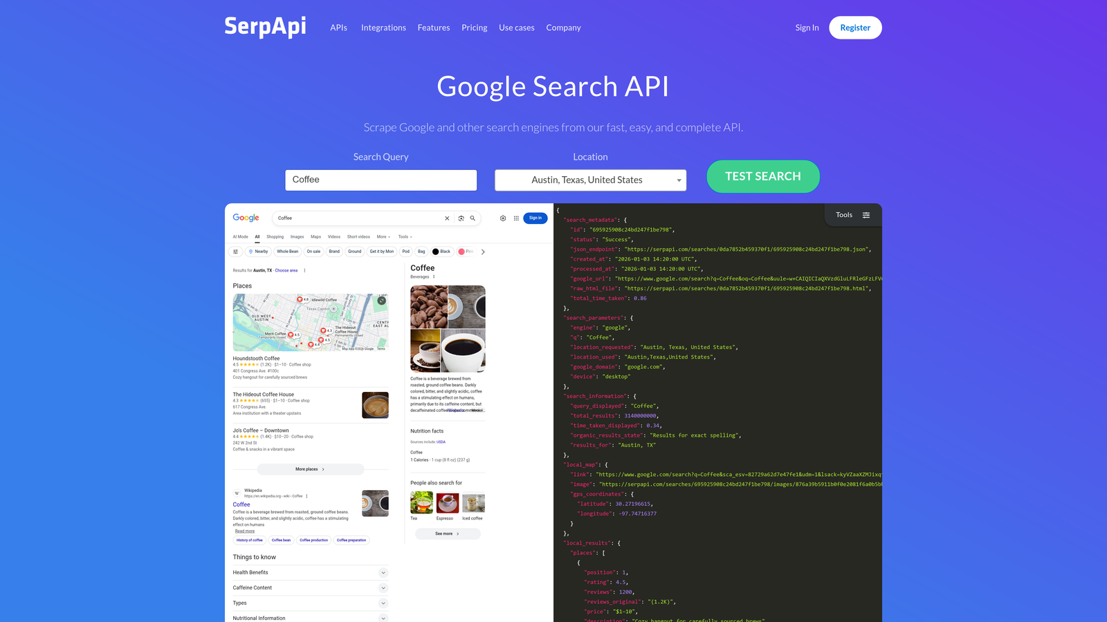 Screenshot of SerpApi website