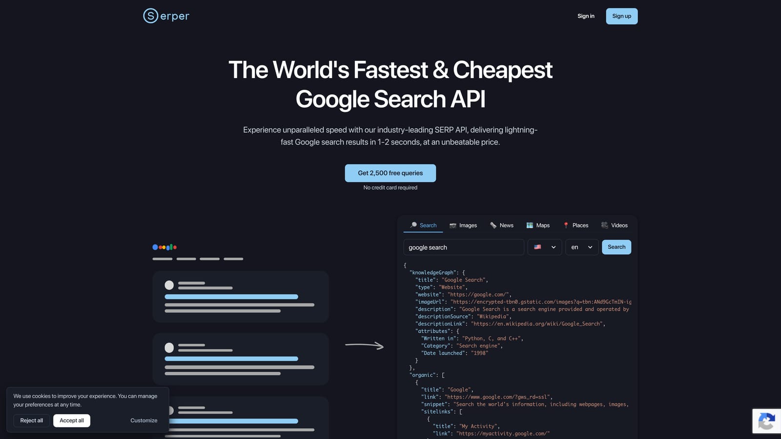 Screenshot of Serper.dev website