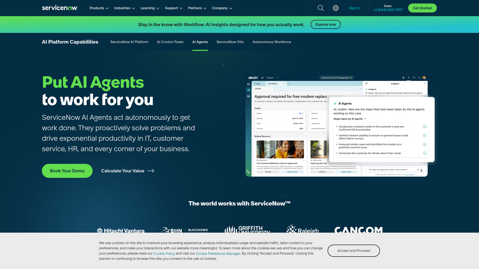 Screenshot of ServiceNow AI Agents website