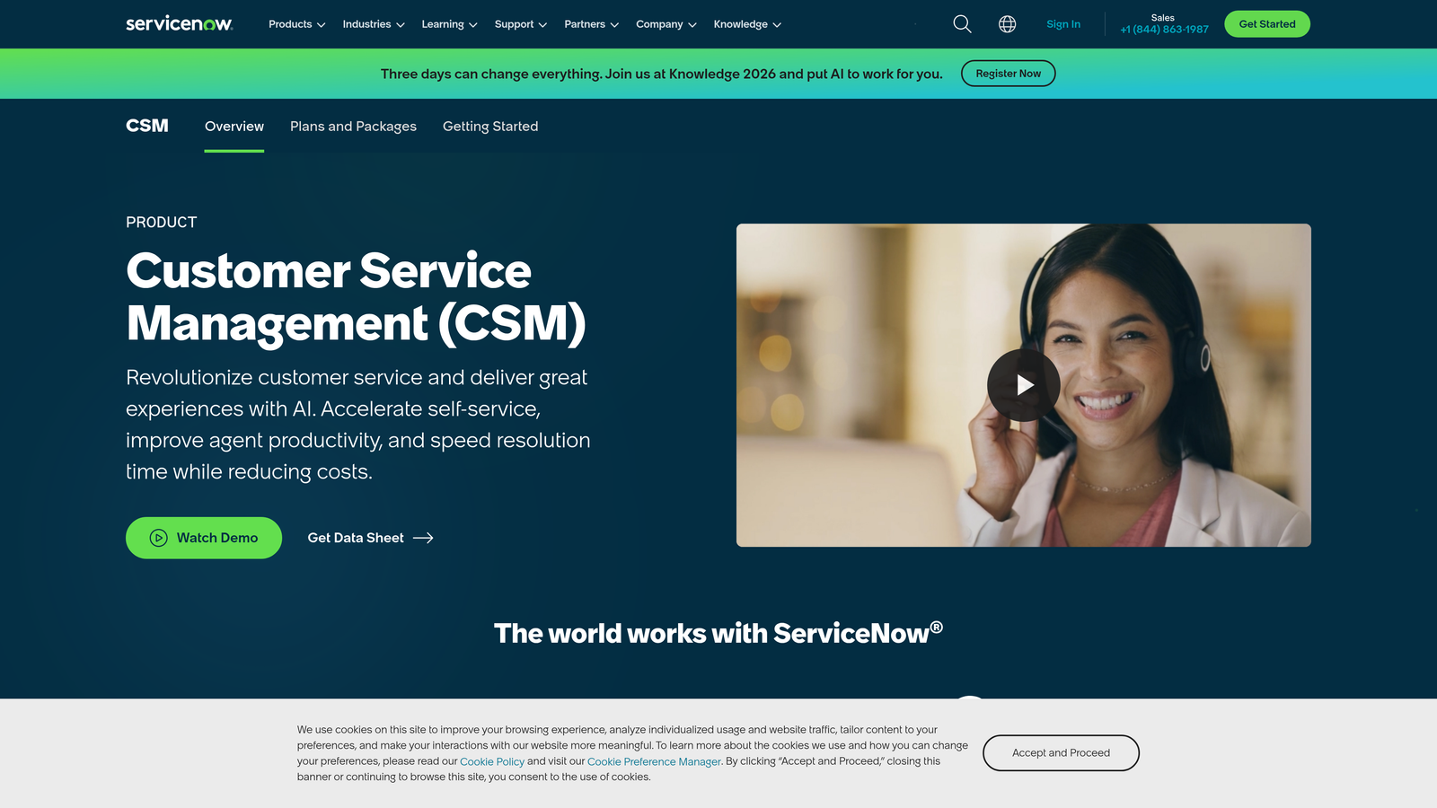 Screenshot of ServiceNow Customer Service Management website