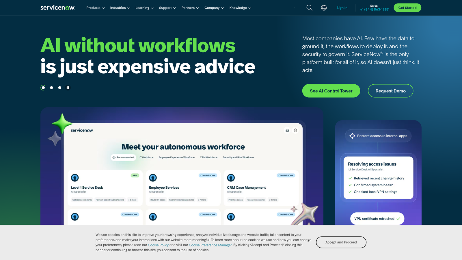 Screenshot of ServiceNow Customer Service Management website