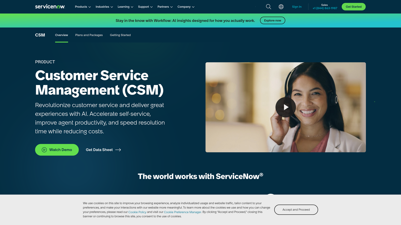 Screenshot of ServiceNow Customer Service Management website