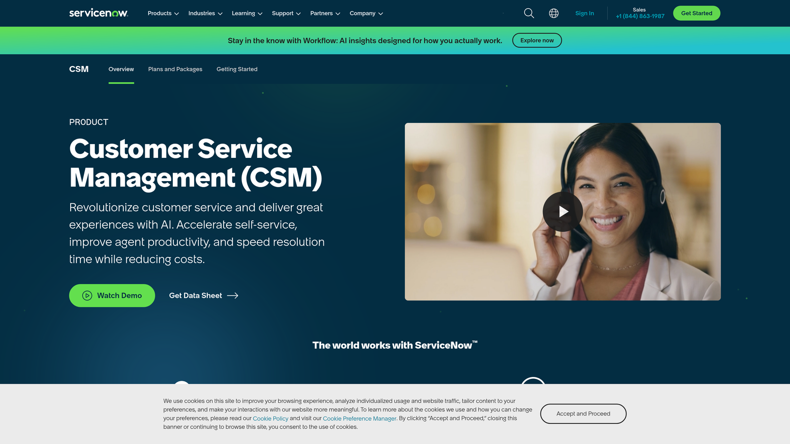 Screenshot of ServiceNow Customer Service Management website