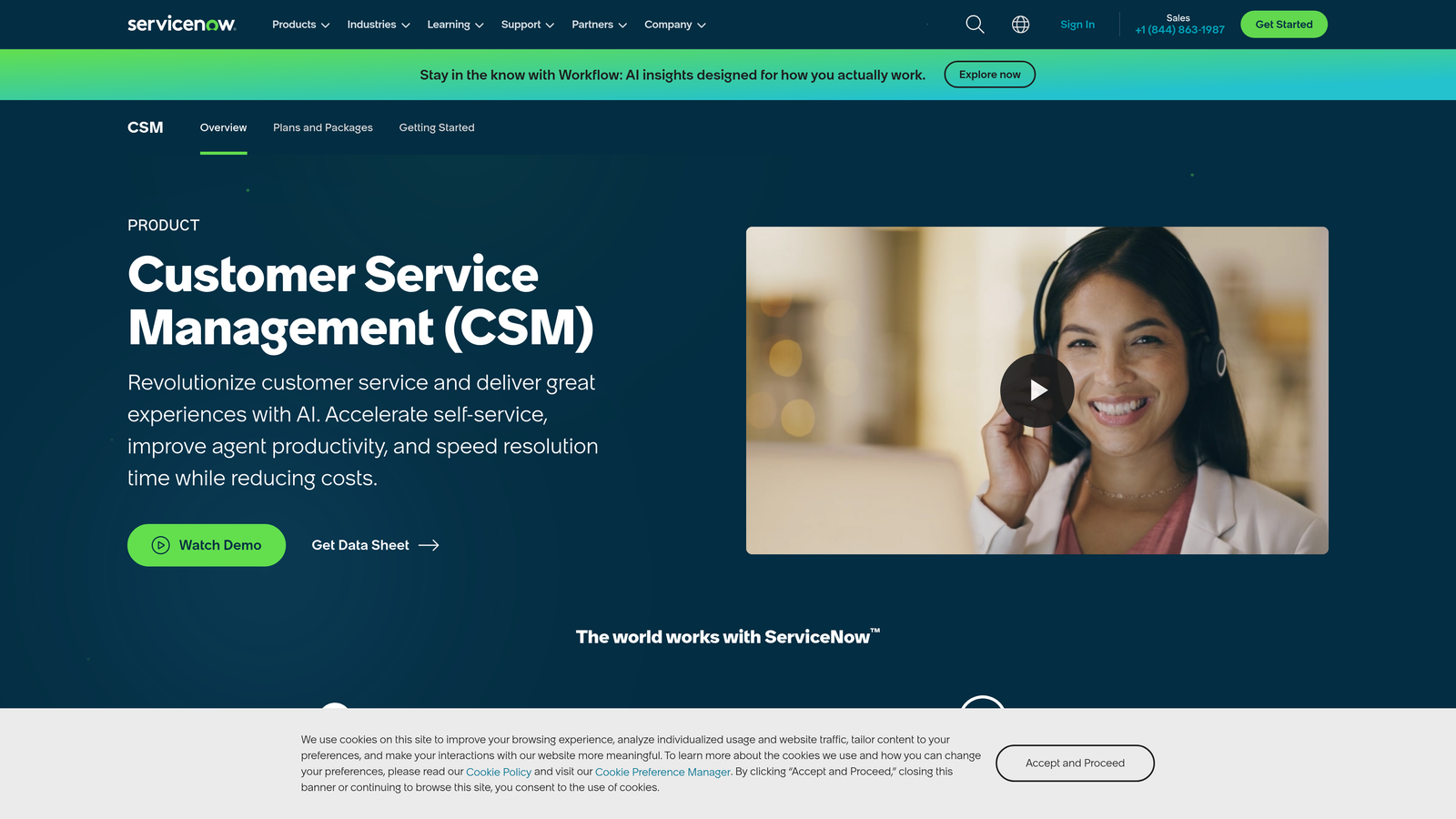 Screenshot of ServiceNow Customer Service Management website