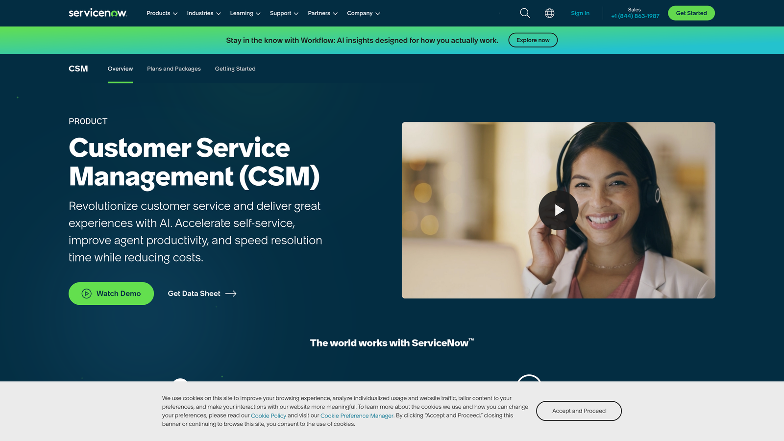 Screenshot of ServiceNow Customer Service Management website