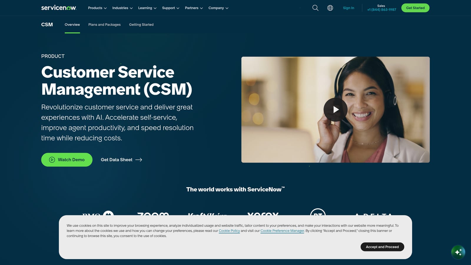 Screenshot of ServiceNow Customer Service Management website