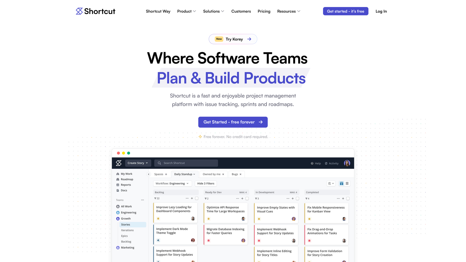 Screenshot of Shortcut website