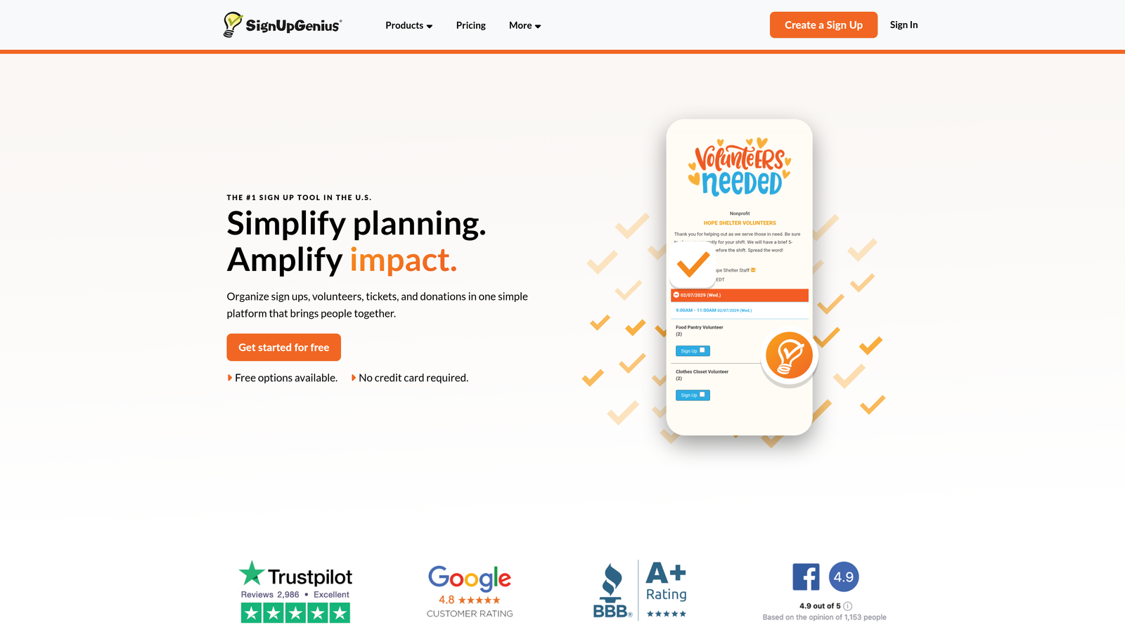 Screenshot of SignUpGenius website