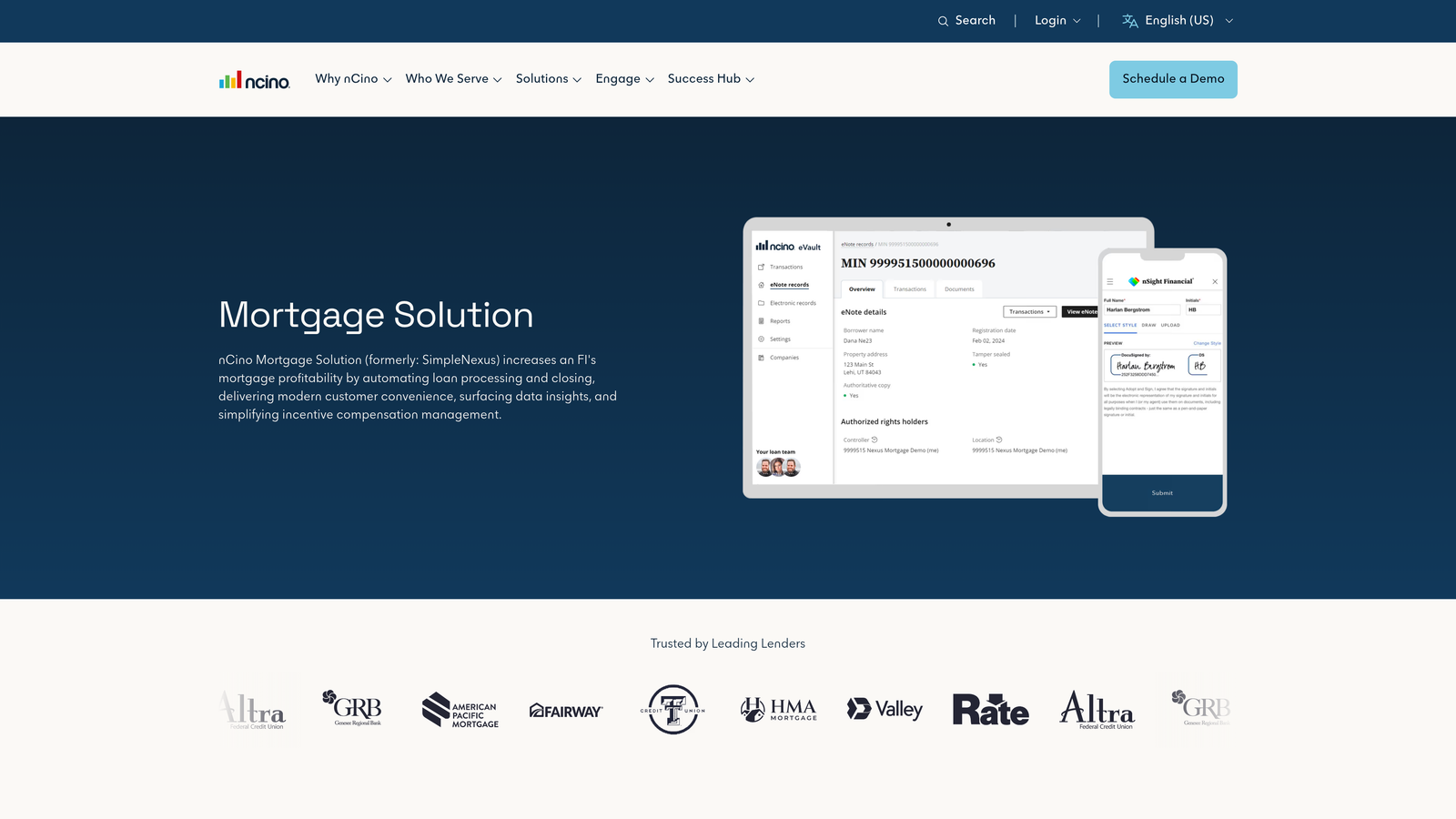 Screenshot of SimpleNexus (nCino) website